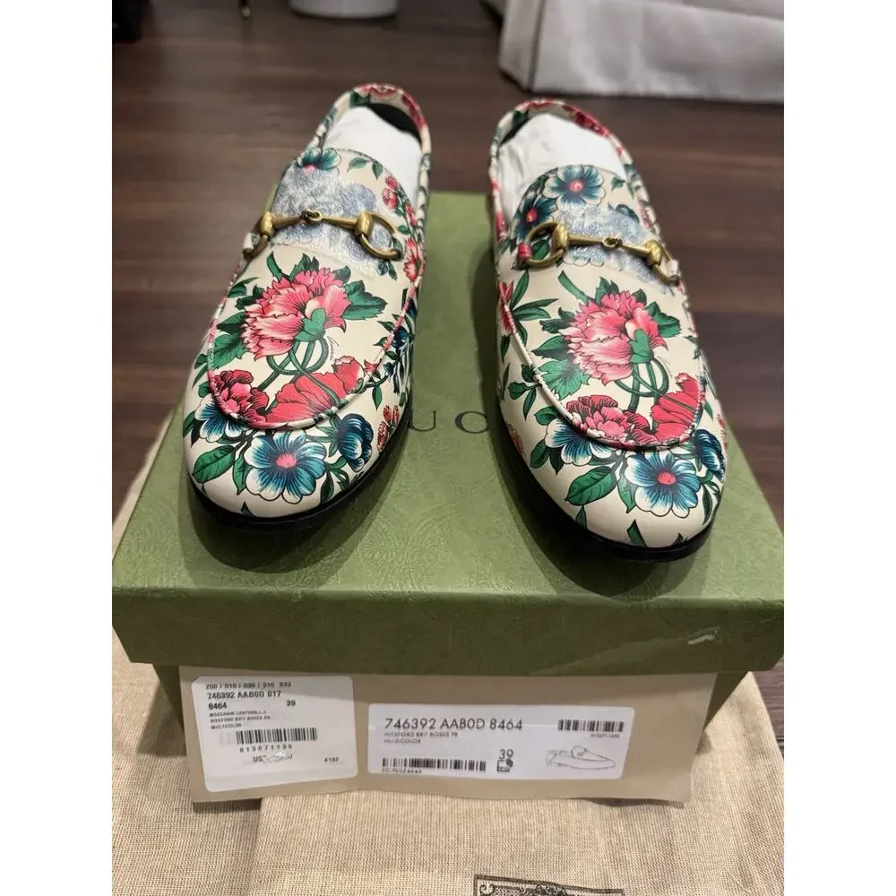 Gucci NWT Moccasin Leather Wexford Brit Roses Multicolor MSRP$1050 Size 39
